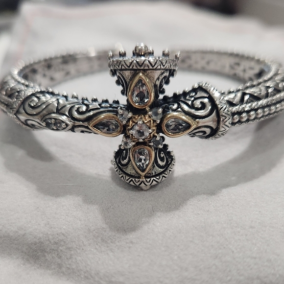 Barbara Bixby Bold .925 Silver, 18k Gold w/ White Topaz Gemstone Hinged Cuff - Picture 3 of 11